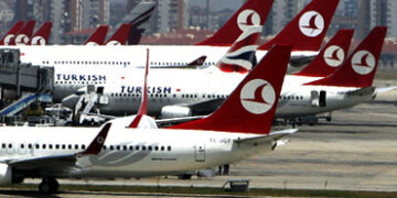 A Turkish Airlines Boieng 737-400 prepares to take off at Istanbul's international airport