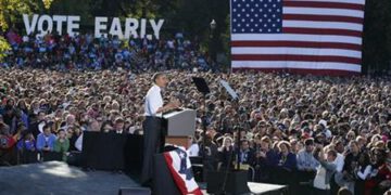 U.S. President Barack Obama speaks at a campaign event in The Oval at Ohio State University in Columbus