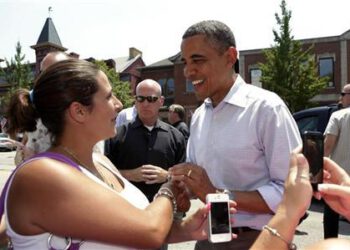 U.S. President Barack Obama greets residents of Beaver, Pennsylvania