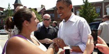 U.S. President Barack Obama greets residents of Beaver, Pennsylvania