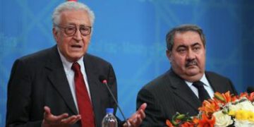 UN-Arab League peace envoy for Syria Brahimi speaks to the media during a joint news conference with Iraq's Foreign Minister Zebari in Baghdad