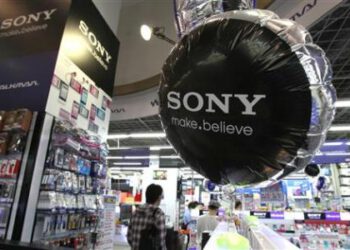 A balloon with a logo of Sony Corp is pictured at an electronics store in Tokyo