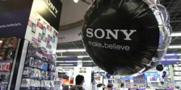 A balloon with a logo of Sony Corp is pictured at an electronics store in Tokyo