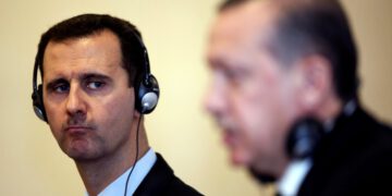 File photo of Turkey's Prime Minister Erdogan and Syria's President Bashar al-Assad attending a news conference in Istanbul