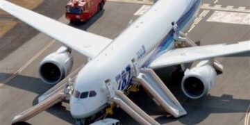 An ANA Boeing 787 Dreamliner is seen after making an emergency landing at Takamatsu airport