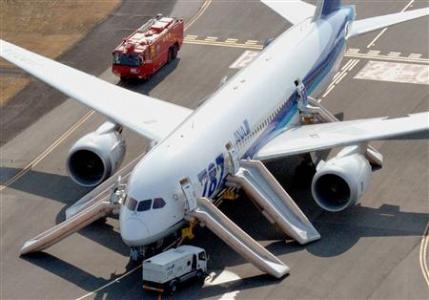 An ANA Boeing 787 Dreamliner is seen after making an emergency landing at Takamatsu airport