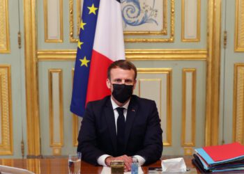French President Emmanuel Macron takes part in a video conference at the Elysee Palace in Paris, France, Oct. 29, 2020. (AFP Photo)
