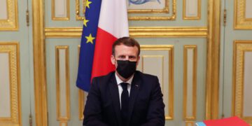 French President Emmanuel Macron takes part in a video conference at the Elysee Palace in Paris, France, Oct. 29, 2020. (AFP Photo)