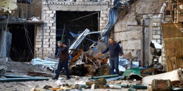 Recent shelling during the military conflict over occupied Karabakh left parts of Stepanakert in ruins. File photo October 13, 2020. (Reuters)