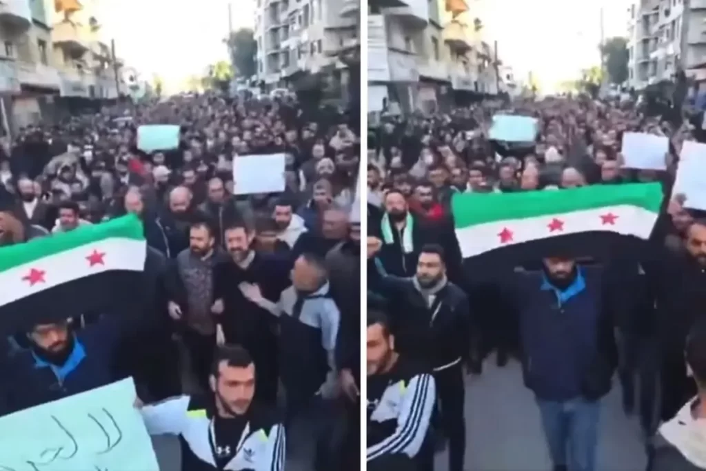 A crowd of protesters in Syria holding banners, with visible tension and smoke in the background, symbolizing unrest. Tension in Syria: Protests Erupt in Multiple Cities