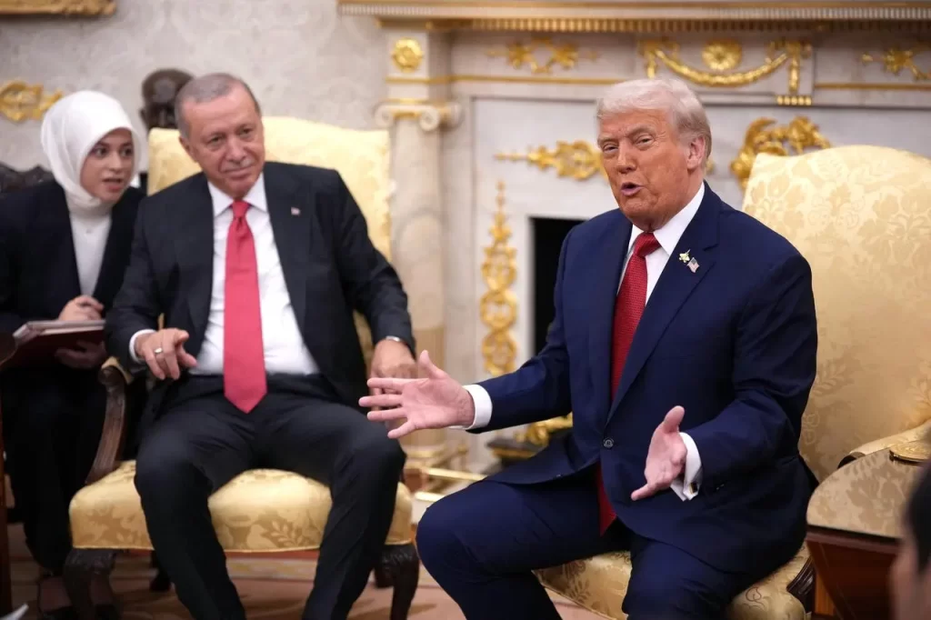 U.S. President Donald Trump delivers remarks during a meeting with Recep Tayyip Erdoğan in the Oval Office at the White House in Washington, U.S. on Sept. 25, 2025. (AA Photo)