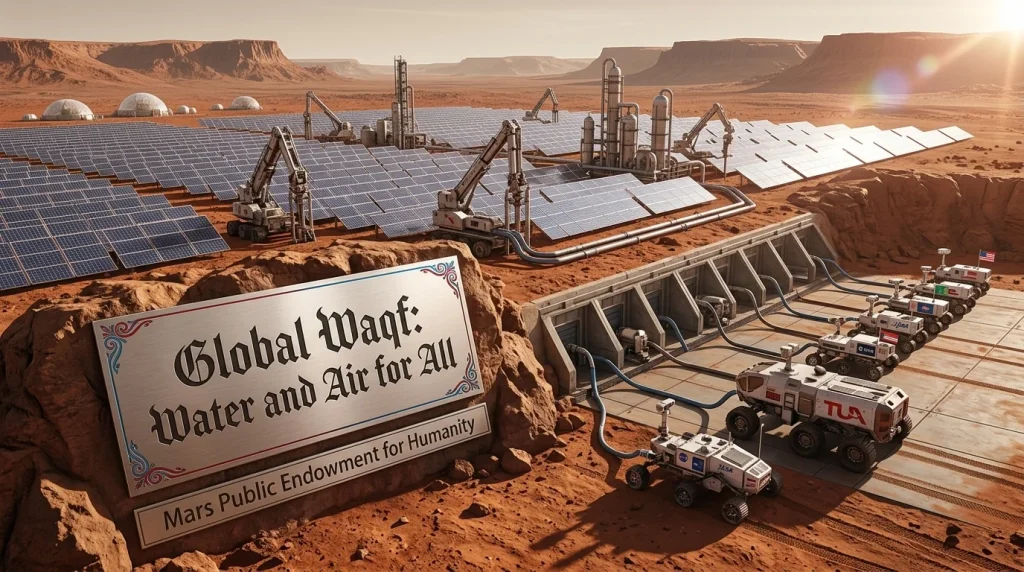 A water extraction facility on Mars with a "Global Waqf" sign, showing international cooperation and shared resource access for all humanity.