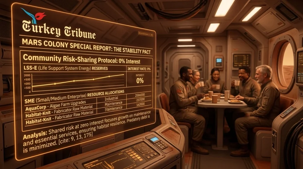 A futuristic digital control panel in a Mars colony showing 0% interest and risk-sharing protocols to ensure economic stability and social welfare.