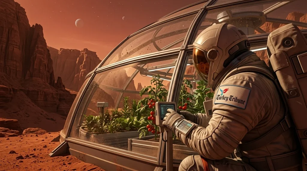 An astronaut with a Turkey Tribune logo inspecting an experimental garden on Mars, representing the Islamic concept of khilafah and nature as a sacred trust.